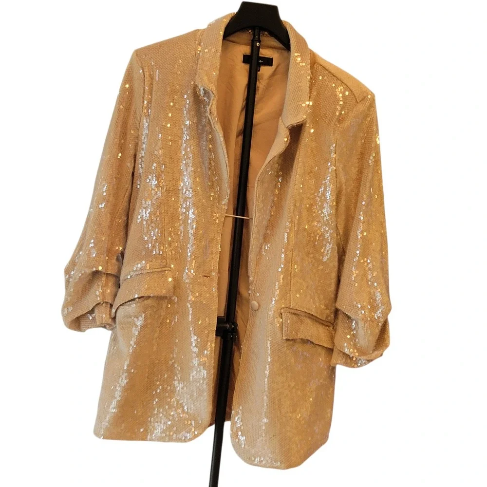 Lulus Sequin Blazer Jacket Womens Small Champagne Gold Ruched Sleeve Party - Picture 2 of 16